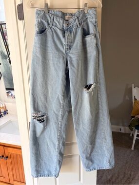 Outland Denim 26W light wash distressed baggy wide leg organic cotton jeans